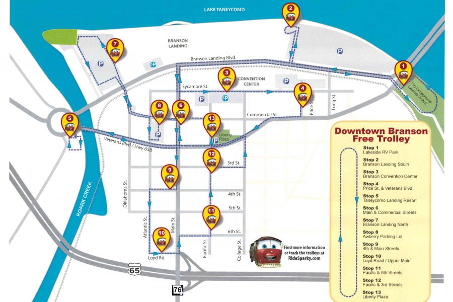 A map of the stops the free Downtown Branson Trolley makes.