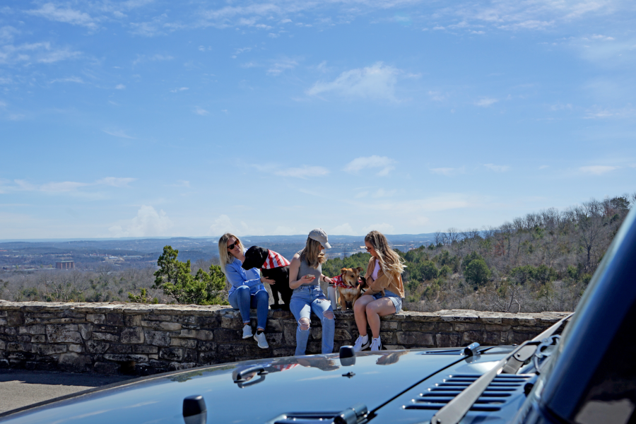 group of friends at rest stop with jeep and dogs