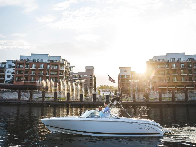 branson landing at sunset with boat