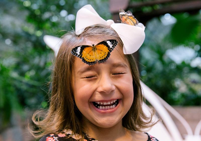 A kid laughing as a butterfly lands on her head.