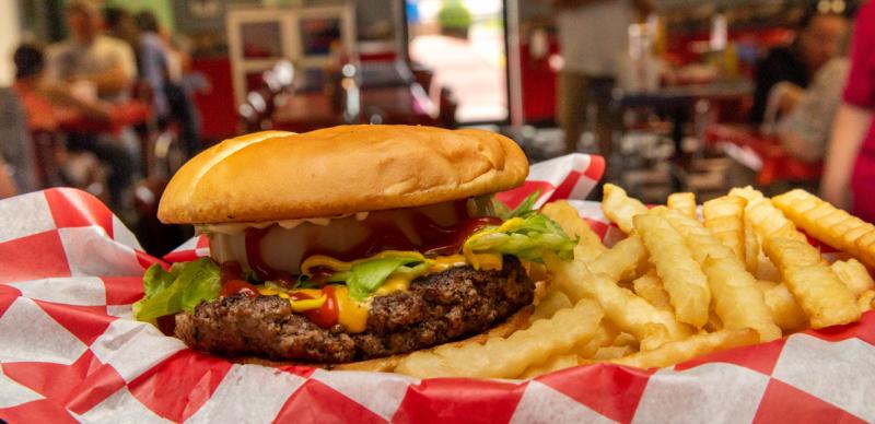 Hamburger and crinkle cut fries served at a classic American diner in Branson.
