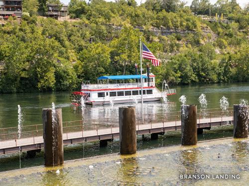 Scenic view of Branson Landing fountain show, Lake Queen boat and Table Rock Lake.