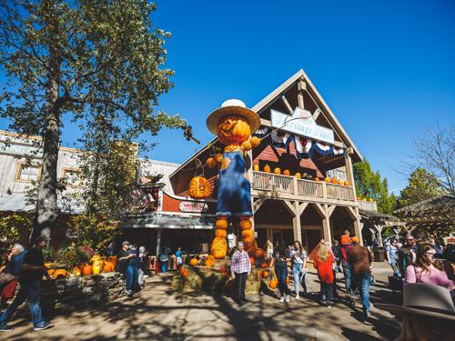 Large scarecrow made of hand-carved pumpkins at a theme park in Branson.