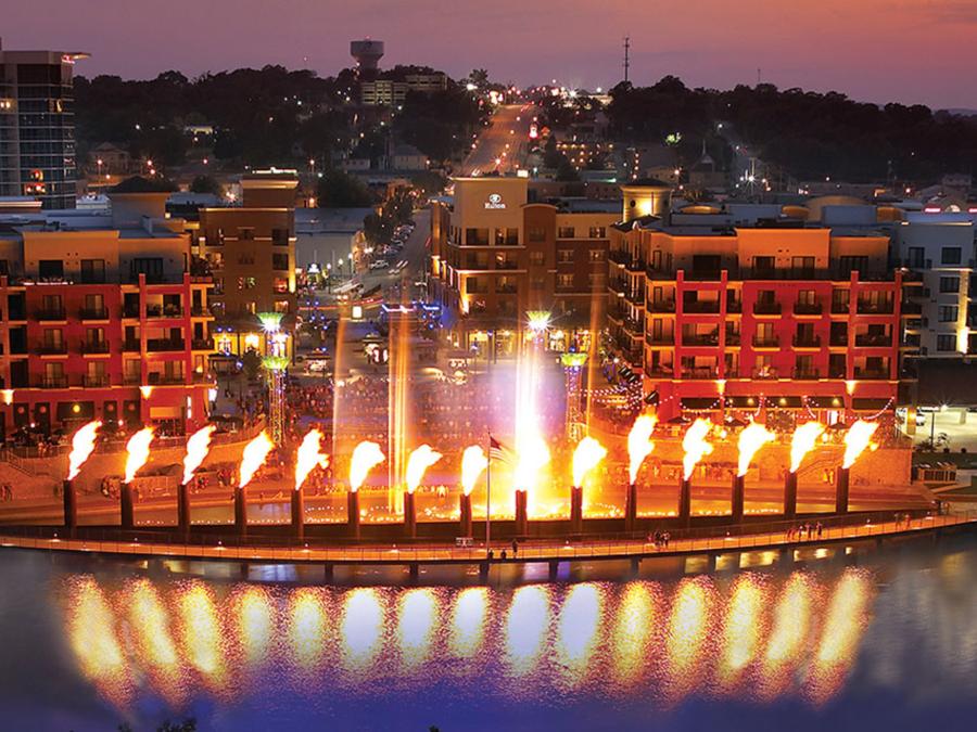 Branson Landing Fountains at Night